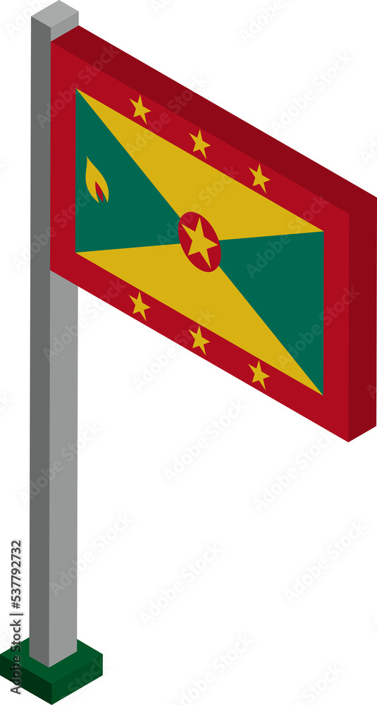 Sticker grenada flag on flagpole in isometric dimension.