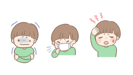 風邪をひいた子どものイラストセット