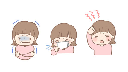 風邪をひいた子どものイラストセット