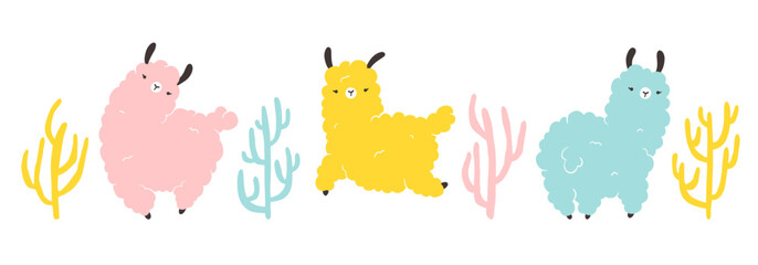 Llama set with cacti. Cartoon colorful character in scandinavian style simple hand drawn style. Isolated vector on white background. Ideal for nursery, postcard, poster.