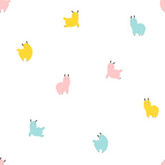 Llamas seamless pattern. Cartoon colorful character in scandinavian style simple hand drawn childish style isolated on white background. Ideal for nursery, baby clothes, textiles, fabrics, packaging.