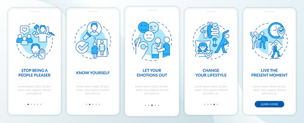 Boost self esteem blue onboarding mobile app screen. Respect walkthrough 5 steps editable graphic instructions with linear concepts. UI, UX, GUI template. Myriad Pro-Bold, Regular fonts used