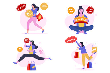 Set of Big Sale and Shopping Discount Illustration