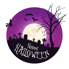 Happy halloween layout with violet background  with graves, bats, tree, spider, witch and zombie hand.
