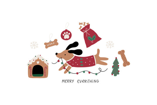 Cute Cartoon Dogs Of Different Breeds And Christmas Decorations, Candy, Gifts, Garlands, Cookies, Bone. Festive Vector Illustration - Dog On Winter Holidays In Flat Style. Christmas Gifts For Dogs