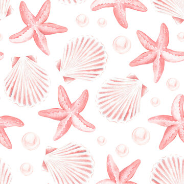 Seashells and starfish seamless pattern. Watercolor illustration. Isolated on a white background.