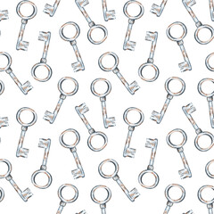 Rusty iron key seamless pattern. Watercolor illustration. Isolated on a white background.
