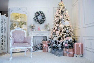 Room decorated for Christmas or new year.