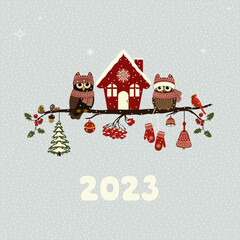 Greeting card with Christmas owls on branch and Christmas elements - 537793978