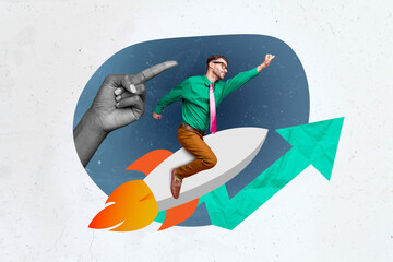 Poster magazine picture collage of manager guy flying up on space shuttle boost company business...