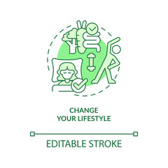 Change your lifestyle green concept icon. Healthy habits. Improving self esteem abstract idea thin line illustration. Isolated outline drawing. Editable stroke. Arial, Myriad Pro-Bold fonts used