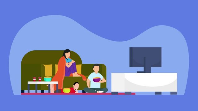 Happy family watching television in living room