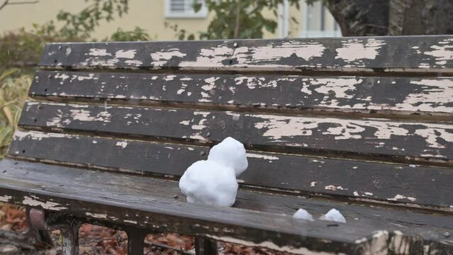 Tiny snowman on an old bench in a park.