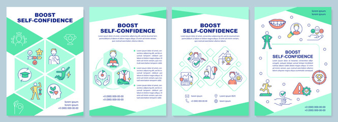 Boost self confidence green brochure template. Leaflet design with linear icons. Editable 4 vector layouts for presentation, annual reports. Arial-Black, Myriad Pro-Regular fonts used