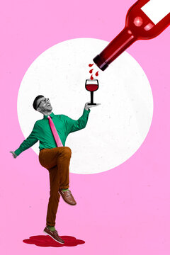 Creative photo 3d collage poster postcard artwork of happy guy rejoice have fun delicious wine big bottle isolated on drawing background