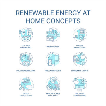 Renewable Energy At Home Turquoise Concept Icons Set. Eco Friedly House. Green Power Idea Thin Line Color Illustrations. Isolated Symbols. Editable Stroke. Roboto-Medium, Myriad Pro-Bold Fonts Used