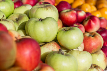 Green and red apples on the counter in the market. Vitamins and healthy foods. Close-up.