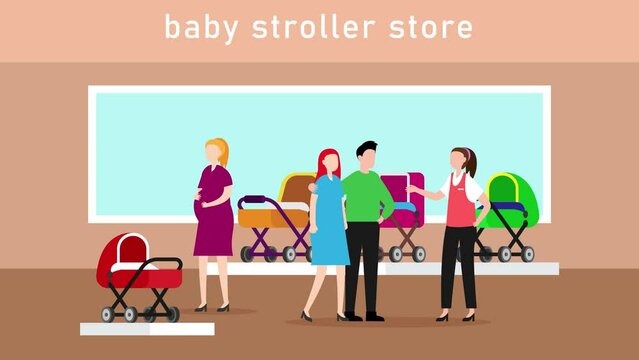 Saleswoman offers a baby stroller to young couple