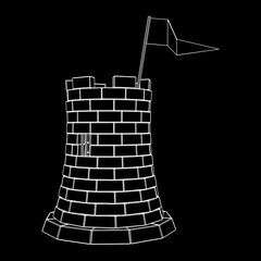 Castle knight tower. Medieval ancient fortress with banner flag