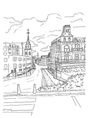 Sketch of old style city street with buildings in Europe in black and white colors, hand drawn card