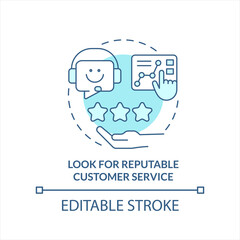 Look for reputable customer service turquoise concept icon. Picking energy provider abstract idea thin line illustration. Isolated outline drawing. Editable stroke. Arial, Myriad Pro-Bold fonts used