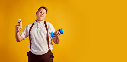 Flyer with portrait of happy overweight boy in white t-shirt make a choice between ice-cream and sport. Fast food, health, body positive, emotions