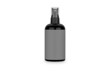 Black plastic spray bottle with empty label mockup isolated on white background. 3d rendering.