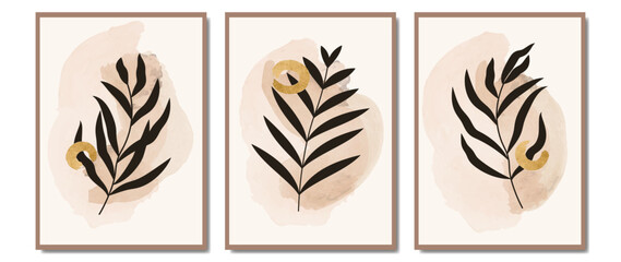 set of vector art with botanical motif. Paintings with tropical leaves and a golden brush stroke on a watercolor background in earthy colors. Hand drawn for print, decor, wall decoration