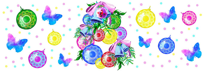 Christmas , New year balls. Multicoloured designs. Magic lettering.