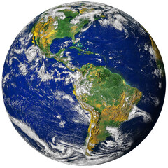 Planet earth globe from space isolated png image, north and south America physical map on a transparent background. Satellite photo. Elements of this image furnished by NASA. - obrazy, fototapety, plakaty