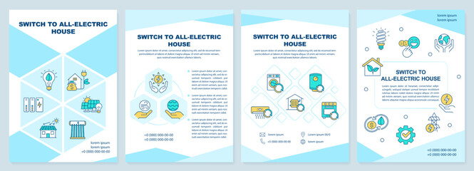 Switch to all-electric house brochure template. Efficient home. Leaflet design with linear icons. Editable 4 vector layouts for presentation, annual reports. Arial-Black, Myriad Pro-Regular fonts used