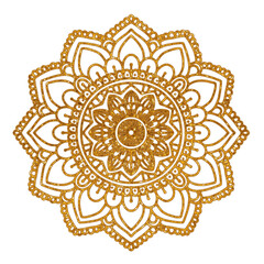 Mandala, floral illustration, icon. Gold texture. 