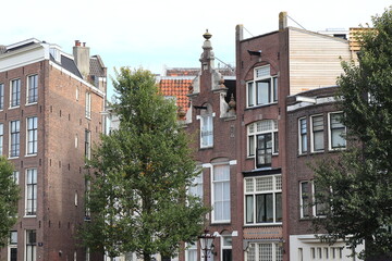 Amsterdam Singel Canal Old Brick House Facades with Autumn Tree, Netherlands