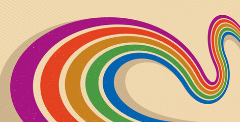 Obraz premium Linear vector abstract background in all colors of rainbow, retro style lines in 3D dimensional perspective, vintage poster art.