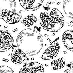 Seamless pattern with pomegranate fruits. Black and white hand drawn vector illustration.