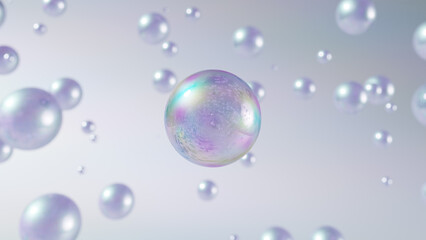 3D rendering Cosmetics Serum bubbles on defocus background. Collagen bubbles Design. Moisturizing Cream and Serum Concept. Vitamin for personal care and beauty concept. 