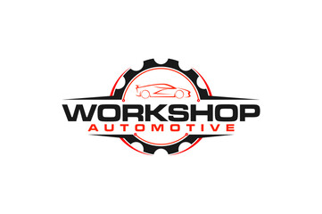 Automotive workshop car garage logo design with gear icon symbol speed shop illustration
