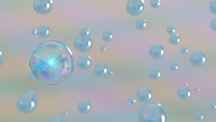 3D rendering Cosmetics Serum bubbles on defocus background. Collagen bubbles Design. Moisturizing Cream and Serum Concept. Vitamin for personal care and beauty concept. 