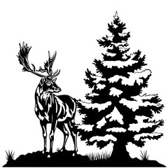 vector illustration of a black deer looking from the side next to a snowy pine or spruce, perfect for a logo, mascot. Christmas element vector