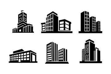Perspective building and company icon on white background, Vector bank and office collection, Black edifice and residential, Set apartment and condo illustration