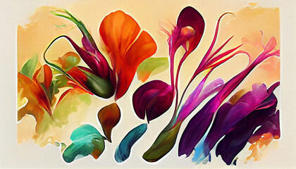 Fototapeta na wymiar Botanical abstract art vibrant oil paint color backgrounds
