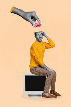 Creative photo 3d collage poster postcard artwork of thoughtful man big arm pull out brain oops error isolated on drawing background