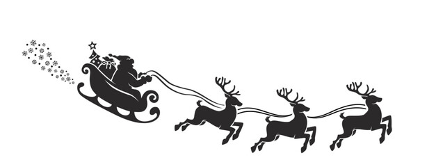 Silhouette of Santa Claus riding in a sleigh with reindeer. Vector on transparent background - obrazy, fototapety, plakaty