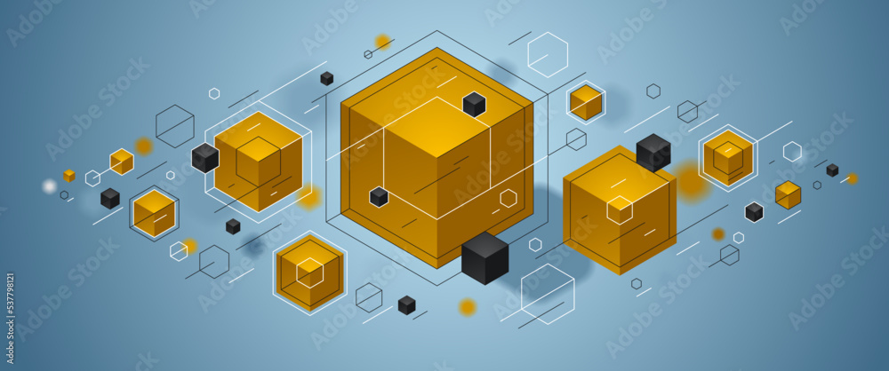 Poster cubes cluster with yellow and blue elements lines and dots vector abstract background, 3d abstractio