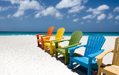 Colorful wooden chairs on white sand beach
