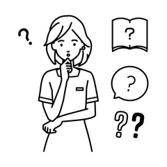 立って手をあごにあてて疑問を感じているエステ店員・受付・接客係の女性 クエスチョンマークのセット