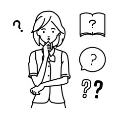 立って手をあごにあてて疑問を感じている事務員制服の女性 クエスチョンマークのセット