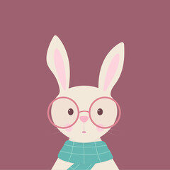 Cute Bunny on glasses and scarf on dark pink background