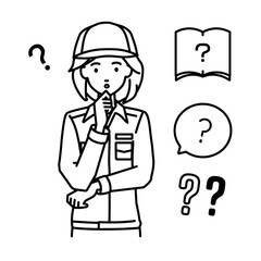 立って手をあごにあてて疑問を感じている作業員の女性 クエスチョンマークのセット