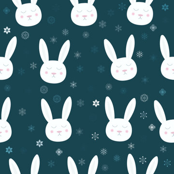 Pattern with cute sleeping bunny and snowflakes on dark blue background